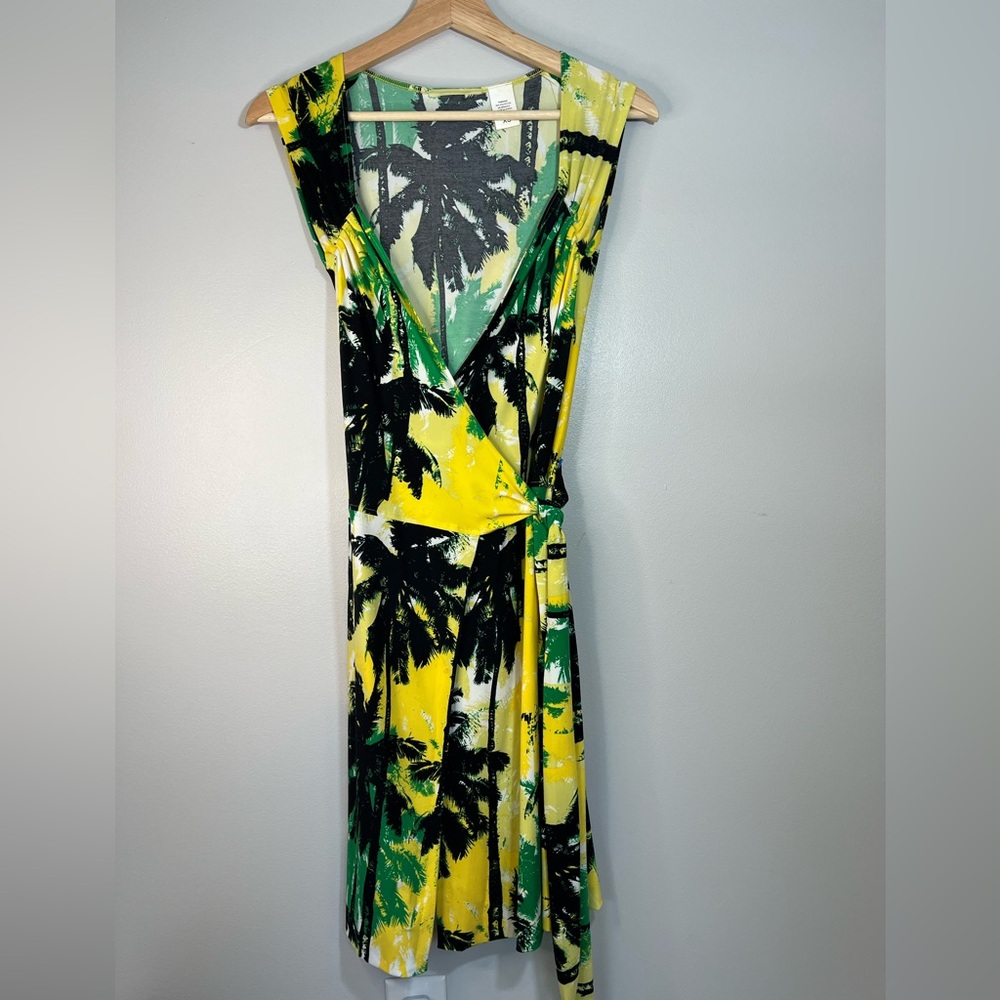 Norma Kamali Tropical Palm Print Stretchy Fitted Wrap Dress Women’s XS Yellow